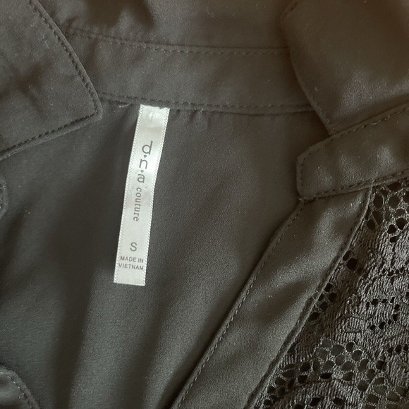 Women SM d.n.a. Couture Blouse 3/4 Tab Roll Sleeves Black Lace Open Front Button - Picture 7 of 8